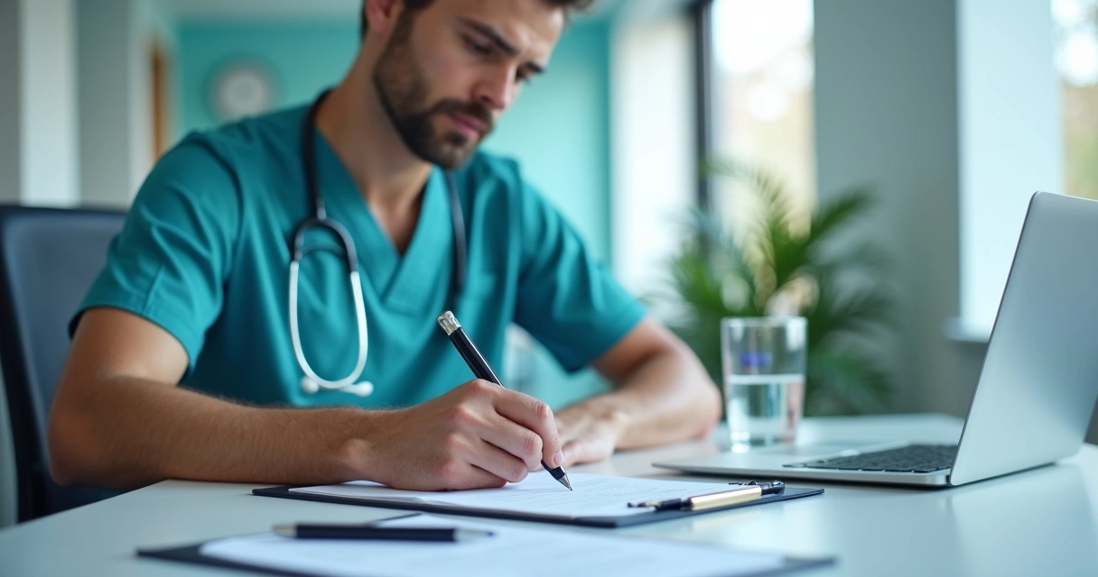 Profissional da saúde assinando papel de seguro de vida no hospital