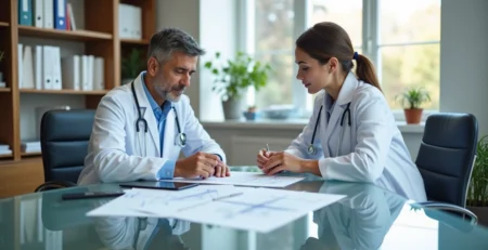 Médico revisando apólice de seguro com consultor em ambiente de clínica moderna