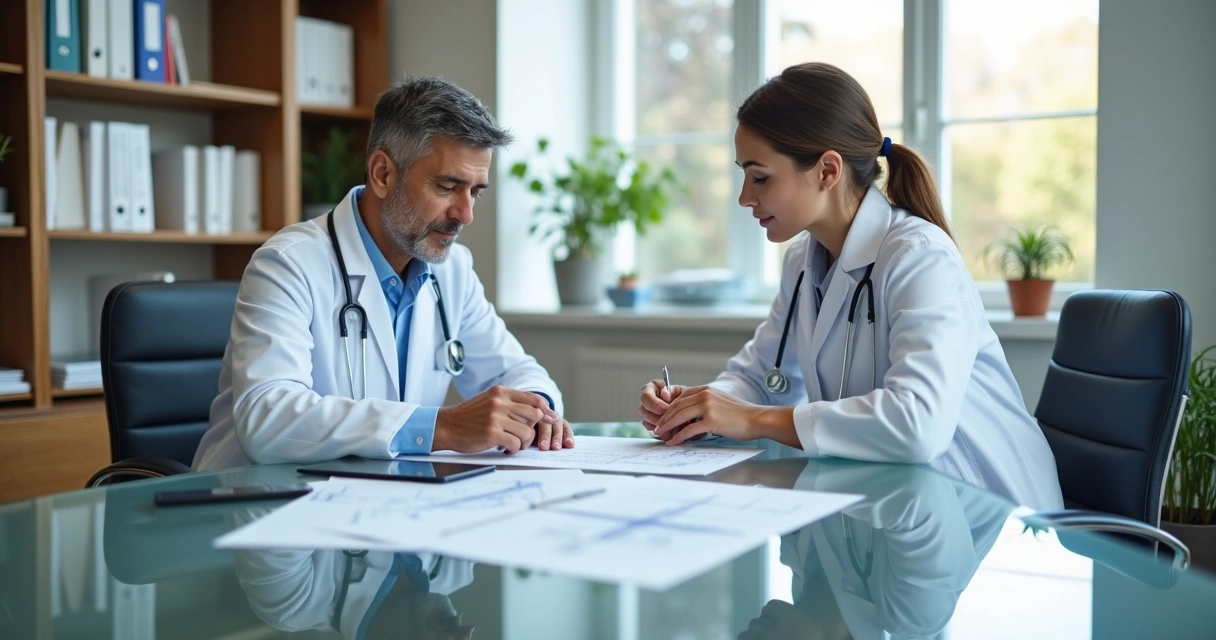 Médico revisando apólice de seguro com consultor em ambiente de clínica moderna