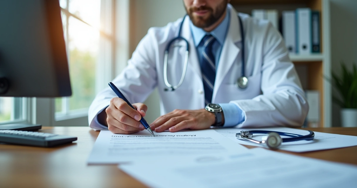 Profissional da saúde analisando contrato de seguro em consultório 