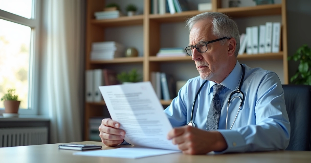 Médico analisando contrato de seguro de vida em escritório elegante. 