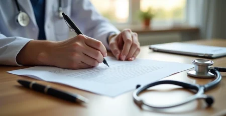 Mãos assinando contrato de prestação de serviços médicos sobre mesa com estetoscópio e caneta preta