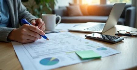 Pessoa analisando fatura de cartão e contas espalhadas sobre a mesa