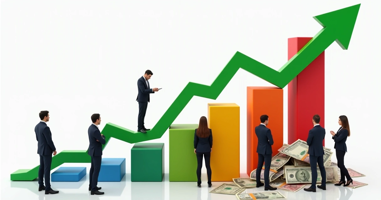 Gráfico de barras colorido mostrando o crescimento dos seguros de pessoas de 2024 para 2025, com uma seta verde subindo e notas de dinheiro ao lado 