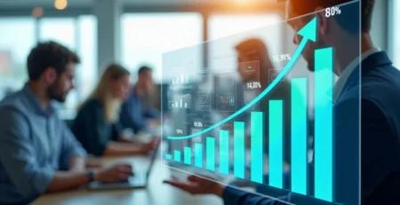 Gráfico financeiro de crescimento de seguros de pessoas com valores e percentuais em tela digital
