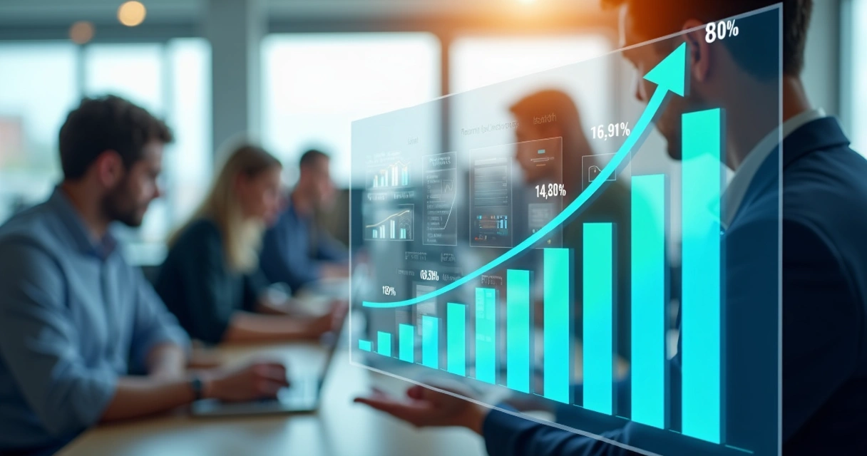 Gráfico financeiro de crescimento de seguros de pessoas com valores e percentuais em tela digital
