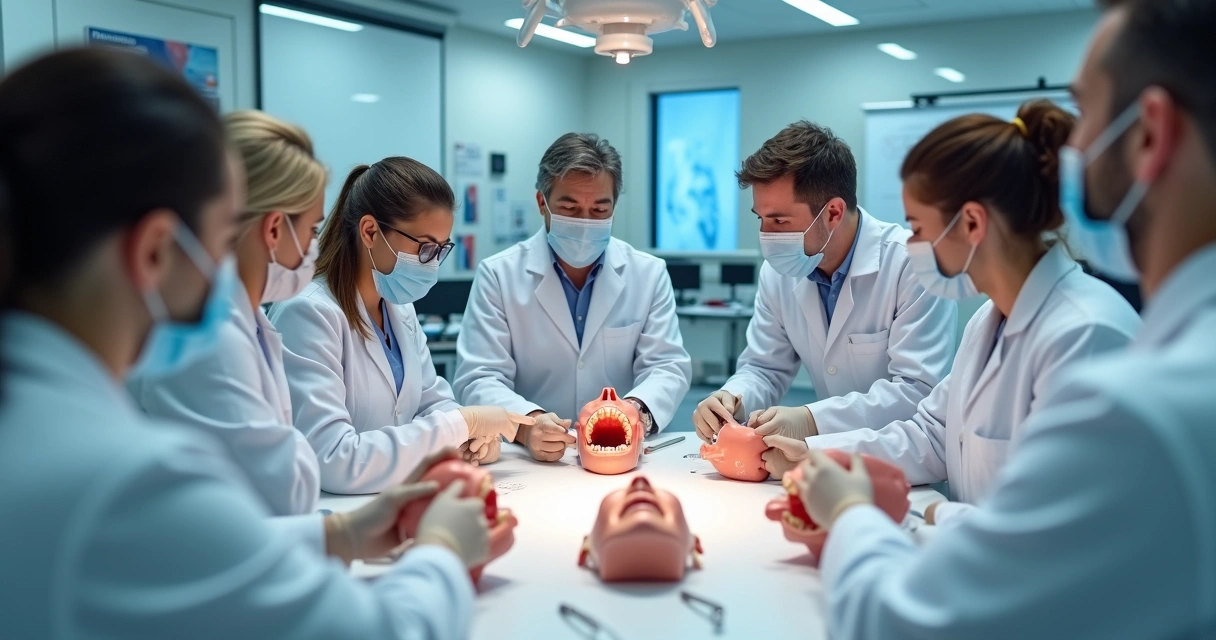 Turma de cirurgiões-dentistas em aula prática de cirurgia orofacial em laboratório didático 