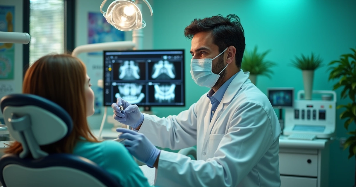 Dentista atende paciente em consultório bem iluminado. 