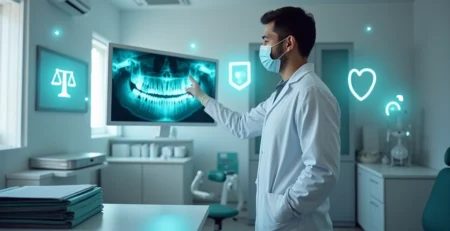 Dentista observando raio-x com símbolos de proteção jurídica ao fundo