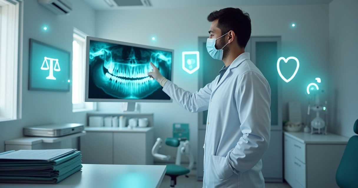 Dentista observando raio-x com símbolos de proteção jurídica ao fundo