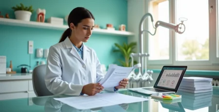 Dentista analisando contrato de seguro de responsabilidade civil no consultório