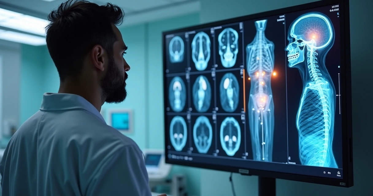 Radiologista analisa exame ao lado de tela com sugestões de IA 