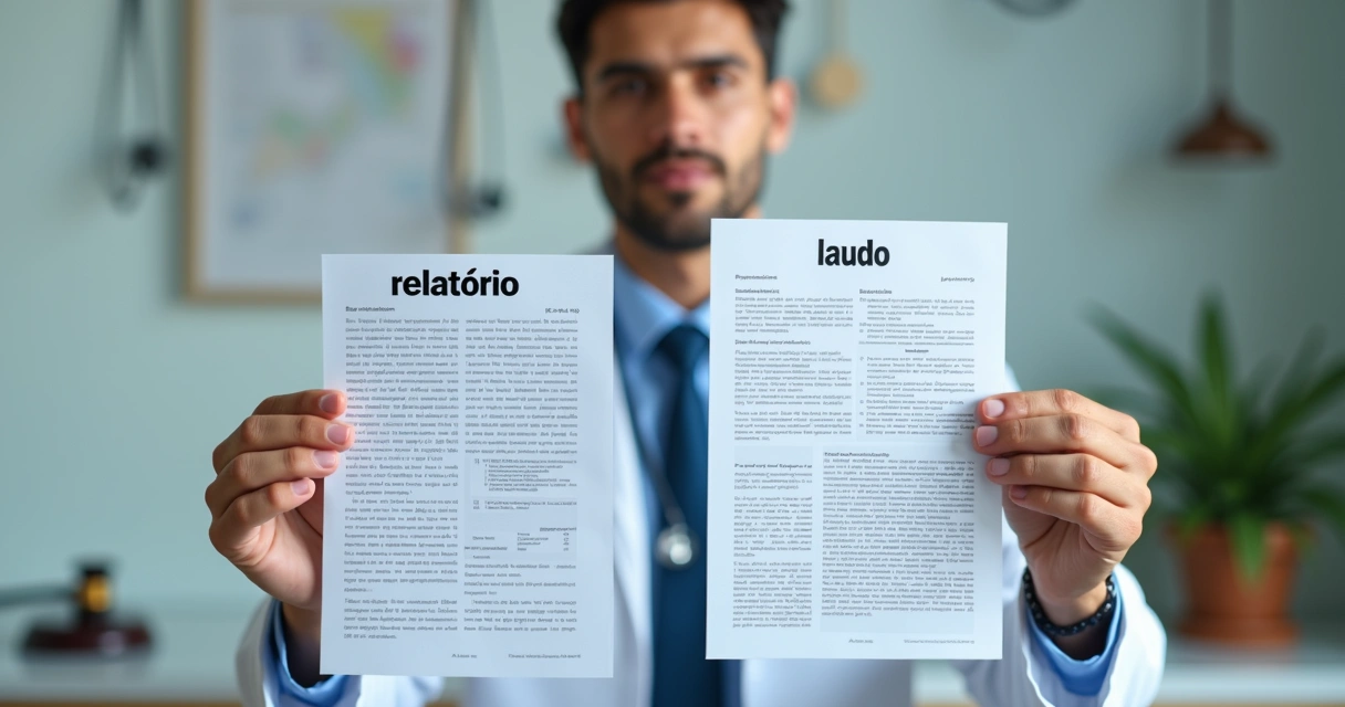 Médico segurando dois papéis, um identificado como relatório e outro como laudo, contrastando simplicidade e detalhamento 