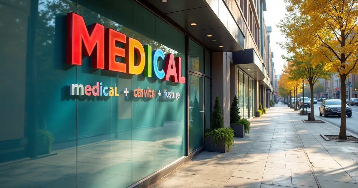 Banner externo de clínica médica exibindo várias especialidades em destaque, visão frontal. 