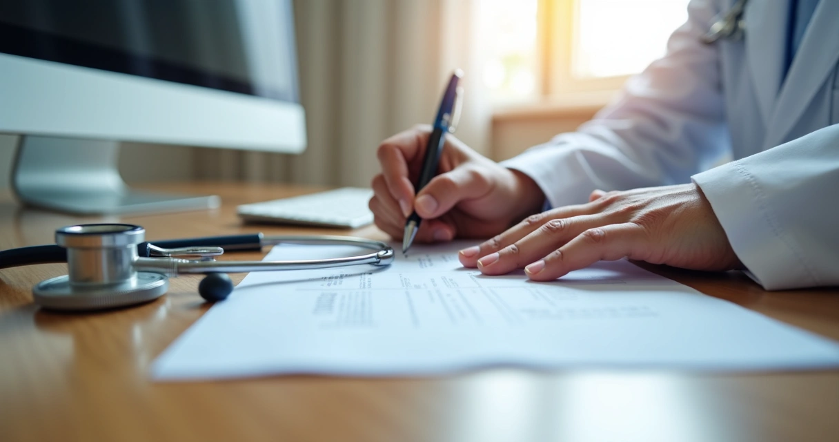 Médico assinando atestado em mesa de escritório 