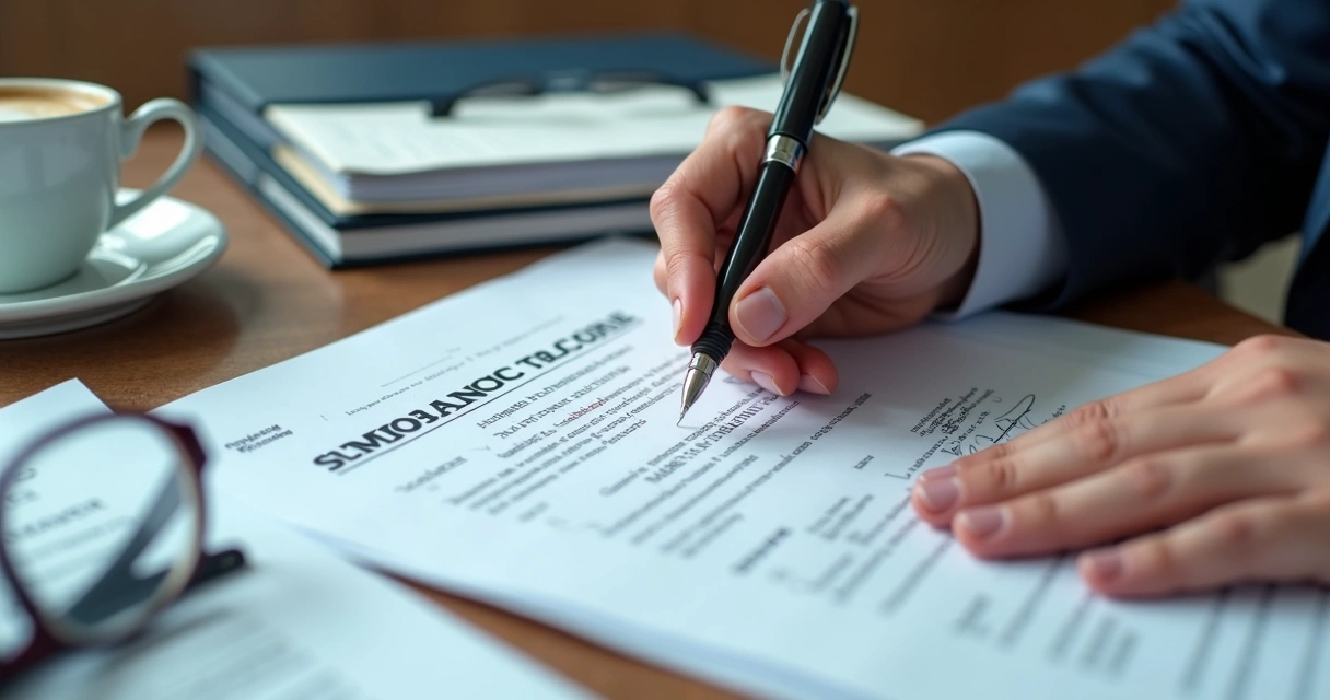 Documentos e contratos de seguro em mesa de advogado 