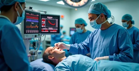 Equipe de anestesia monitorando paciente em centro cirúrgico moderno