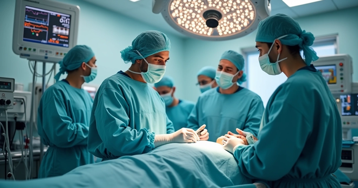 Equipe médica em centro cirúrgico com semblante preocupado durante procedimento anestésico 