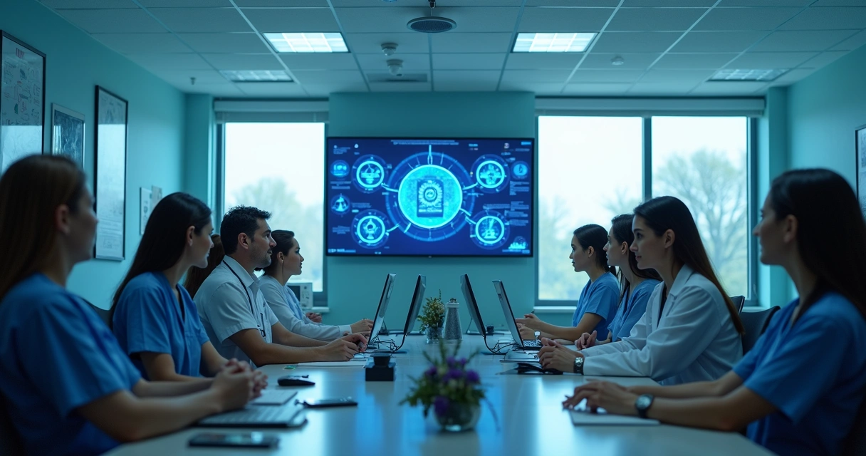 Equipe hospitalar participando de treinamento de segurança digital em uma sala de reuniões 