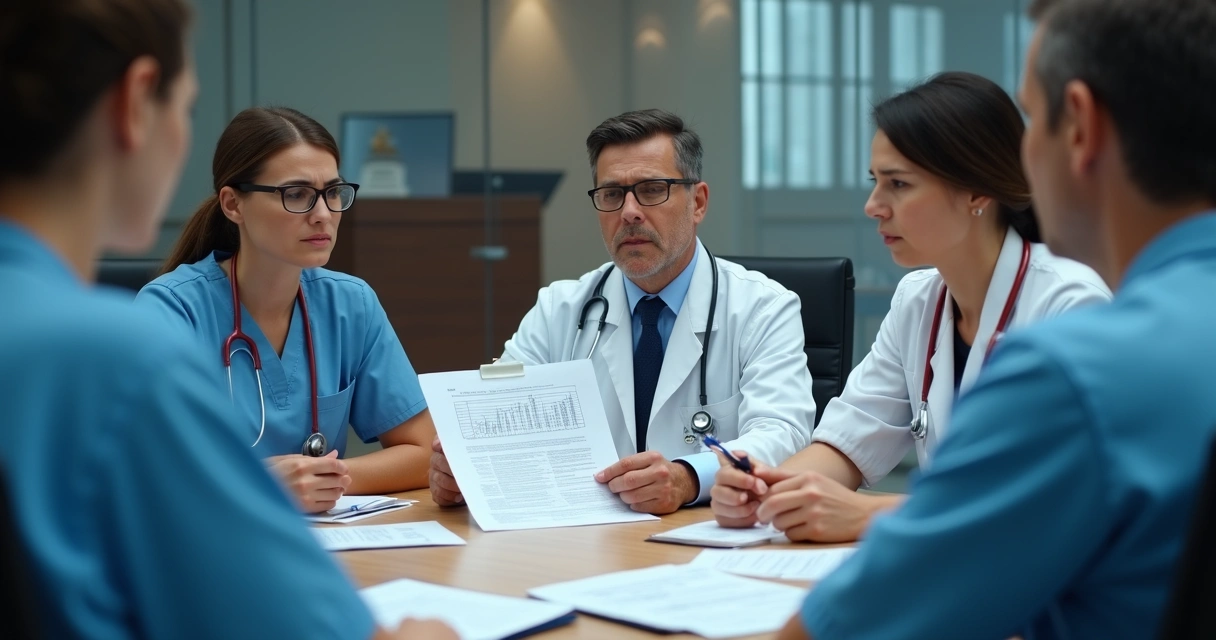 Equipe médica reunida e enfrentando situação de julgamento 