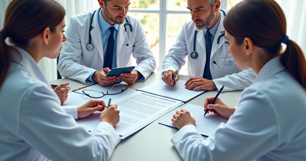 Equipe médica em reunião revisando contrato 