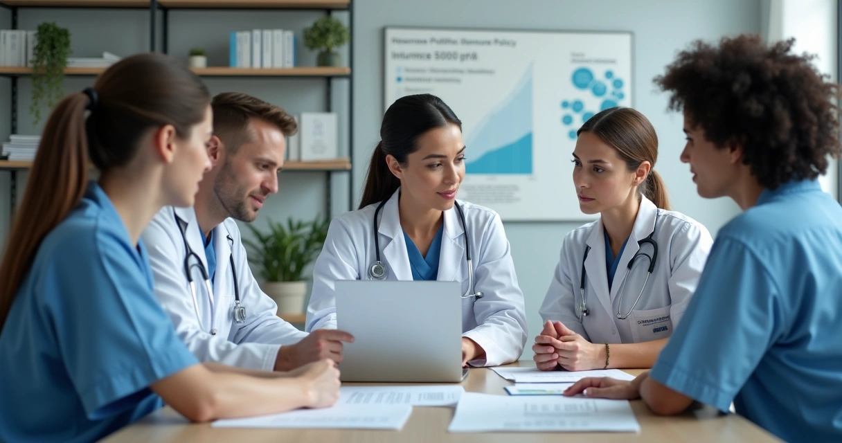 Equipe médica reunida em consultório, discutindo proteção de seguro 