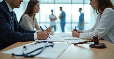 Mãe com advogado em hospital assinando documentos de processo por erro médico no parto