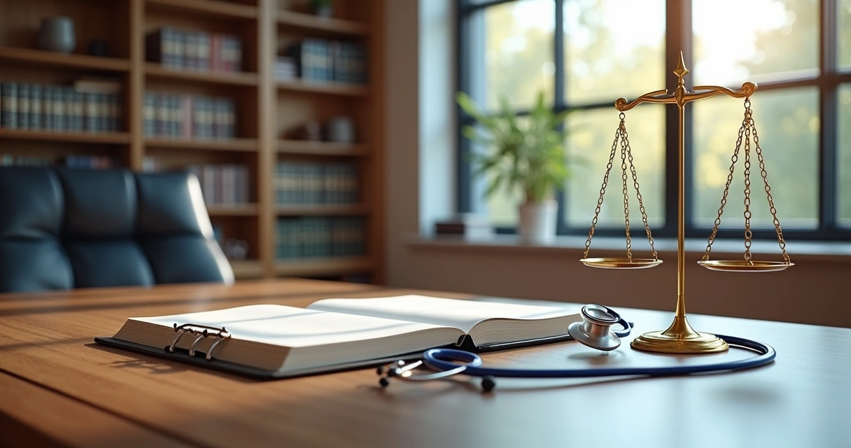 Escritório de advocacia especializado em direito médico, ambiente moderno com livros jurídicos e símbolos da medicina. 