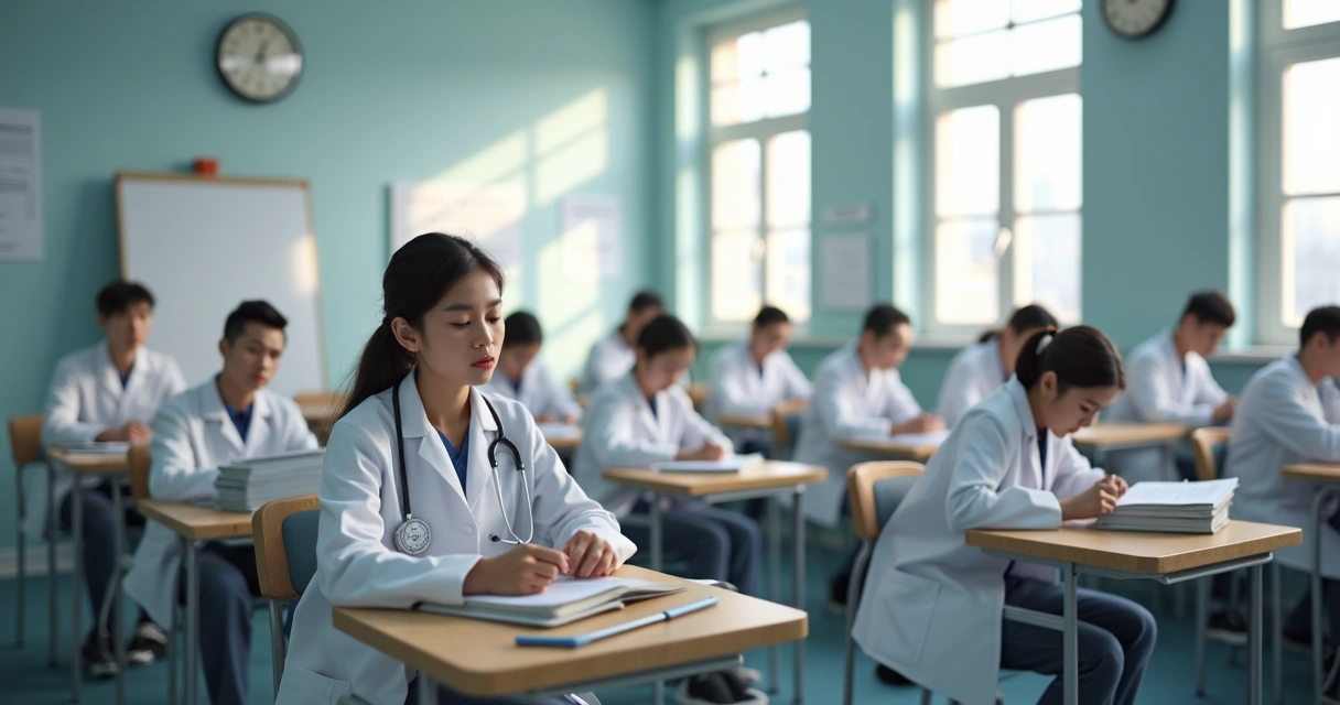 Estudantes médicos realizando prova em sala de aula 