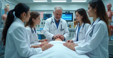 Estudantes de medicina em aula prática com professor e equipamentos médicos em hospital escola