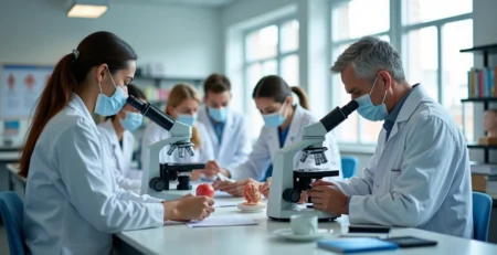 Estudantes de medicina em aula prática com jalecos e máscaras em laboratório moderno