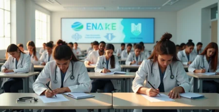 Grupo de estudantes de medicina fazendo prova em sala ampla de concurso de residência