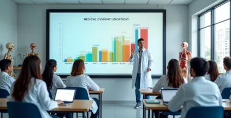 Sala de aula moderna de medicina com alunos e gráfico de custos em destaque na tela