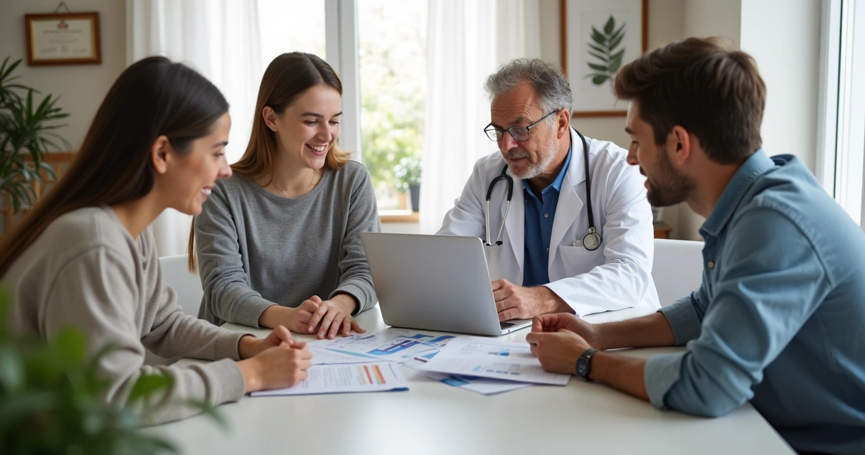 Família de médico reunida em sala, discutindo planejamento financeiro na mesa. 