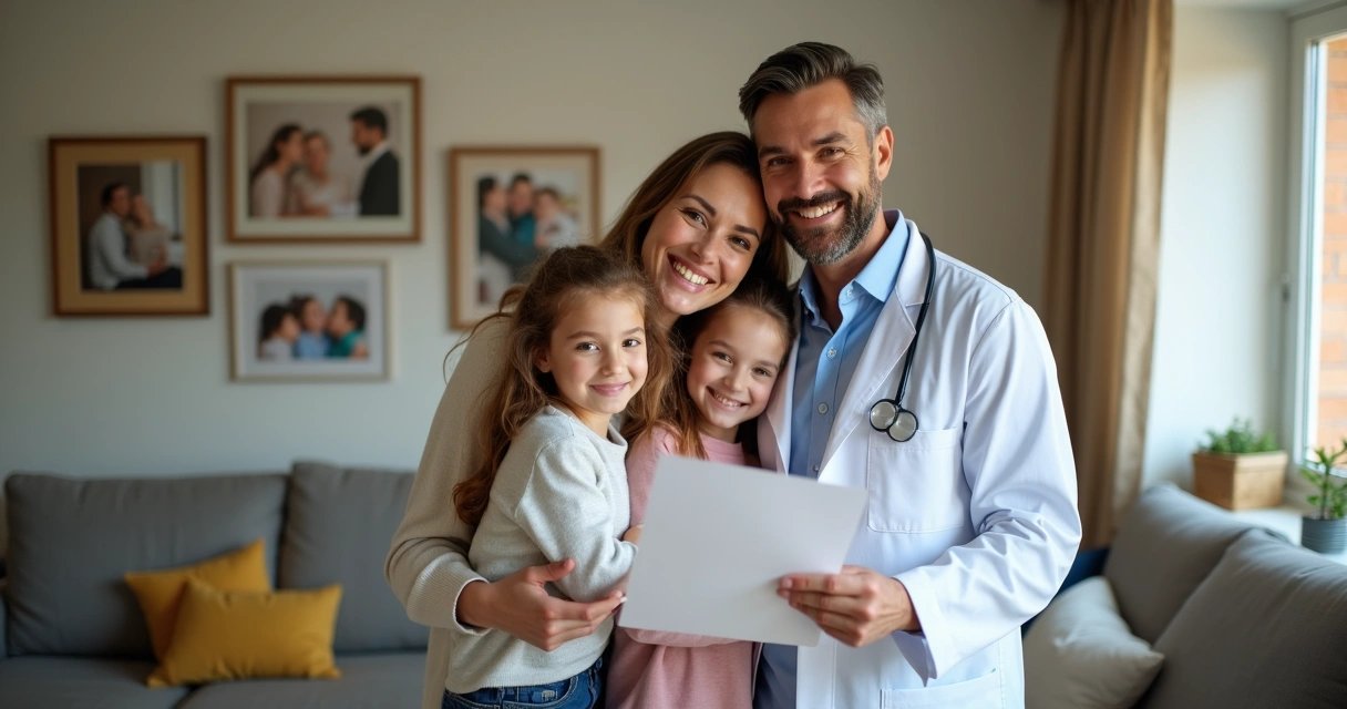 Família abraçada a médico sorridente em casa com documentos de seguro 