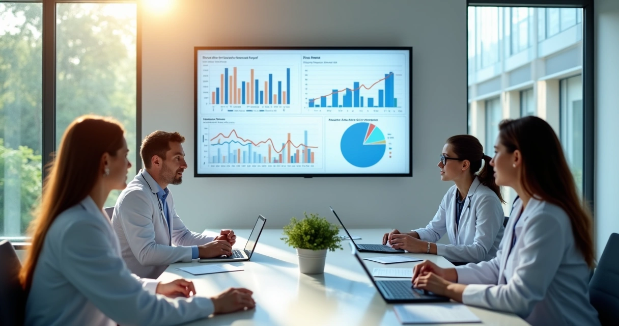 Equipe analisando gráficos de receita e despesas em clínica 