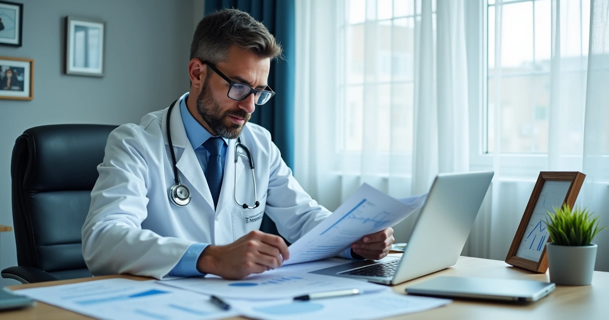 Médico revisando papéis com planilhas e computador, planejando proteção patrimonial. 