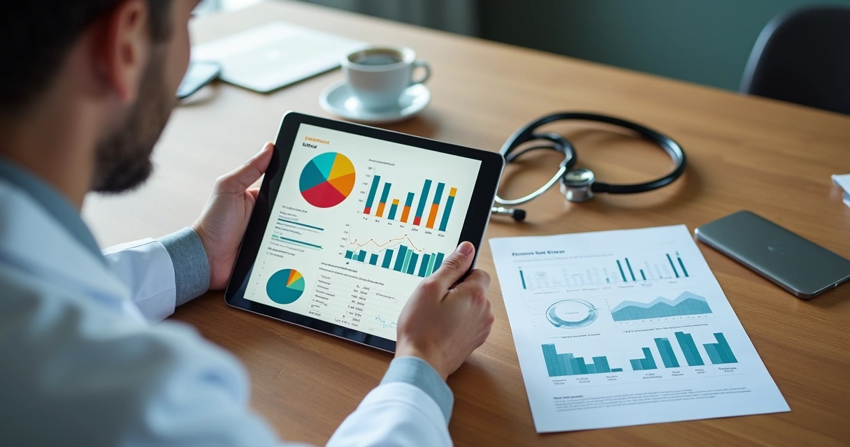 Gráficos financeiros da clínica médica sendo analisados na tela de um tablet