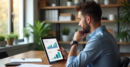Homem em escritório moderno analisando planejamento financeiro e seguro de vida no tablet