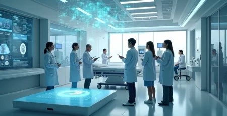 Equipe médica monitora paciente em hospital digital com telas e hologramas