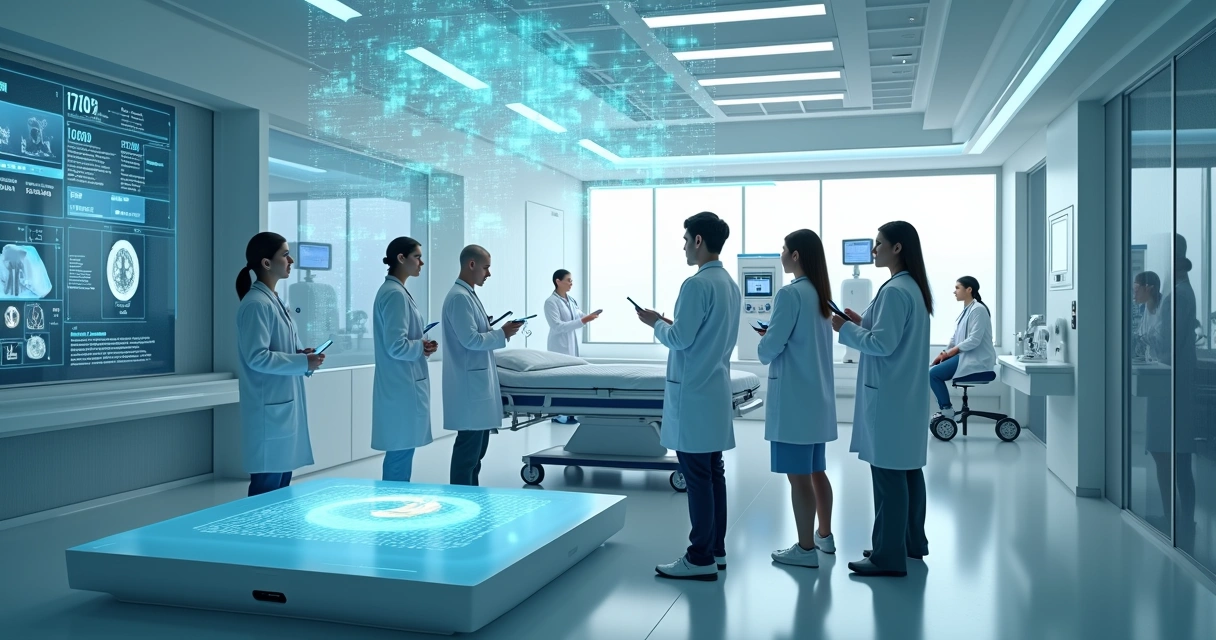 Equipe médica monitora paciente em hospital digital com telas e hologramas