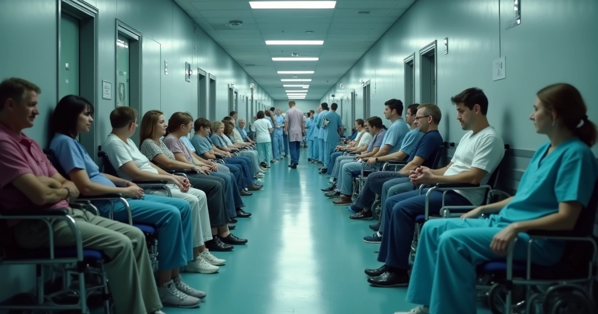 Filas de pacientes em hospital com poucos profissionais de saúde 