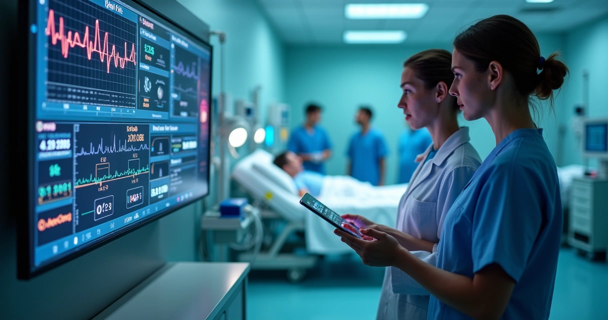 Equipe médica analisando alertas da IA VitalCare em leito hospitalar