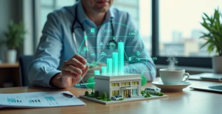 Dono de clínica avaliando indicadores financeiros em holograma sobre maquete de clínica
