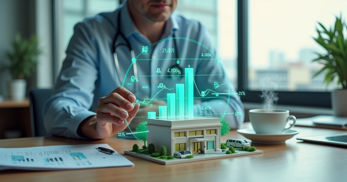 Dono de clínica avaliando indicadores financeiros em holograma sobre maquete de clínica