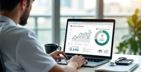 Médico calculando índice de liberdade financeira em gráfico com duas trajetórias de riqueza e independência