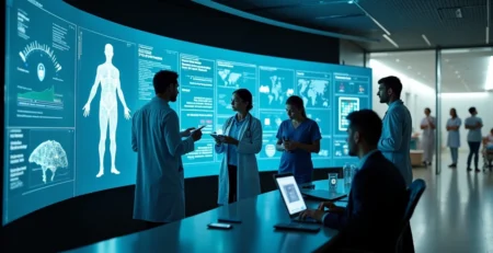 Médico e sistema de inteligência artificial em centro de comando hospitalar