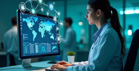 Computador com tela exibindo gráficos médicos e ícones de inteligência artificial em ambiente clínico moderno