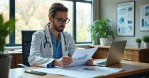 Profissional de saúde revisando manual de gestão de riscos em escritório moderno de clínica médica