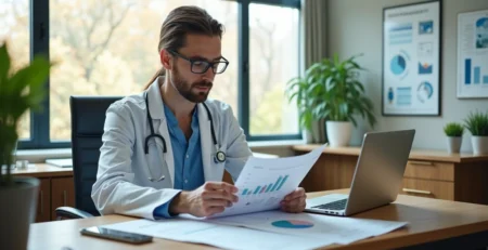 Profissional de saúde revisando manual de gestão de riscos em escritório moderno de clínica médica